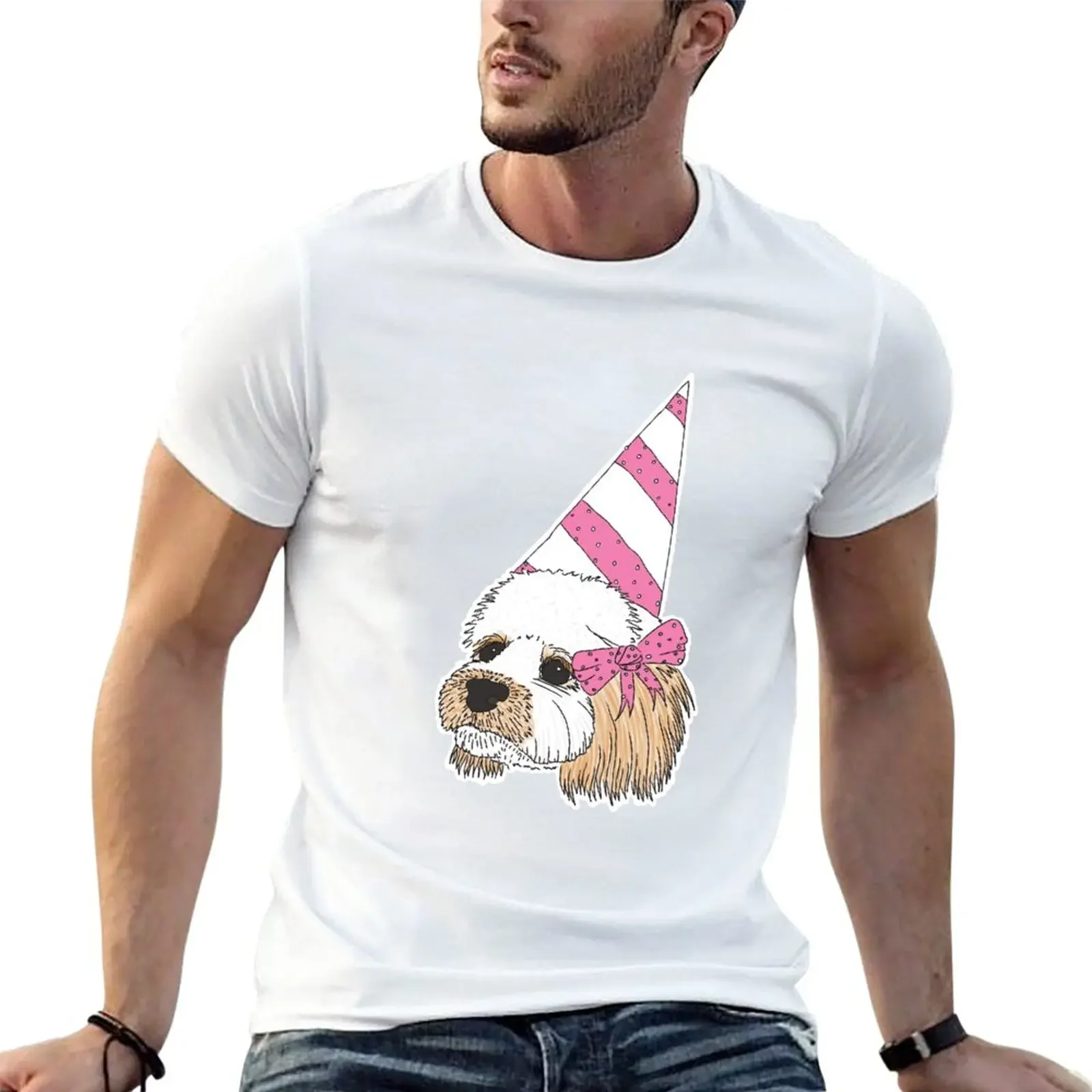 Cute Cockapoo Dog wearing Pink Party Hat and Bow T-Shirt summer clothes sweat shirts sports fans Men's t-shirt