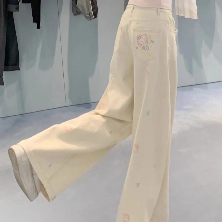 

Милый комплект, прямые джинсы с высокой талией и вышивкой, женские свободные широкие брюки больших размеров, летние хлопковые эластичные джинсовые брюки