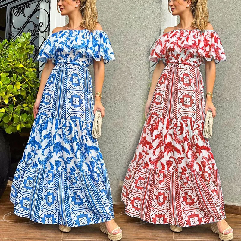 Bedrucktes Kleid für Frauen Sommer Slash Kragen schlanke große Schaukel sexy Bohe Kleid ausschnitt hohe Taille böhmischen langen Maxi kleid