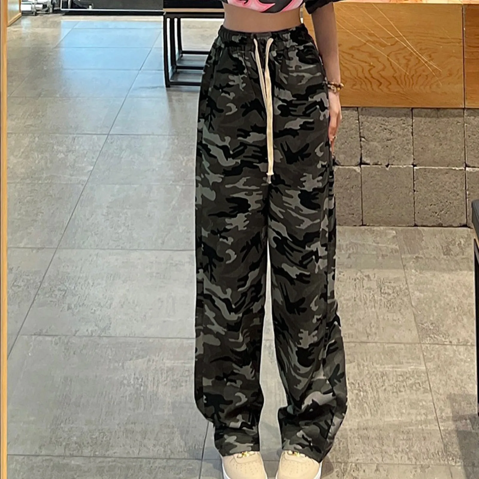 American Women Camouflage Pants Vintage Wide Leg Cargo Pants Spring Summer 2024 High Waist Drawstring Fashion Female Pants