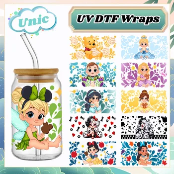 สติกเกอร์ห่อหุ้มด้วยแสง UV 16oz สำหรับติดบนขวดสามารถซักได้และสามารถใช้ได้กับเจ้าหญิงดิสนีย์วินนี่สติทช์ DIY ออกแบบเอง