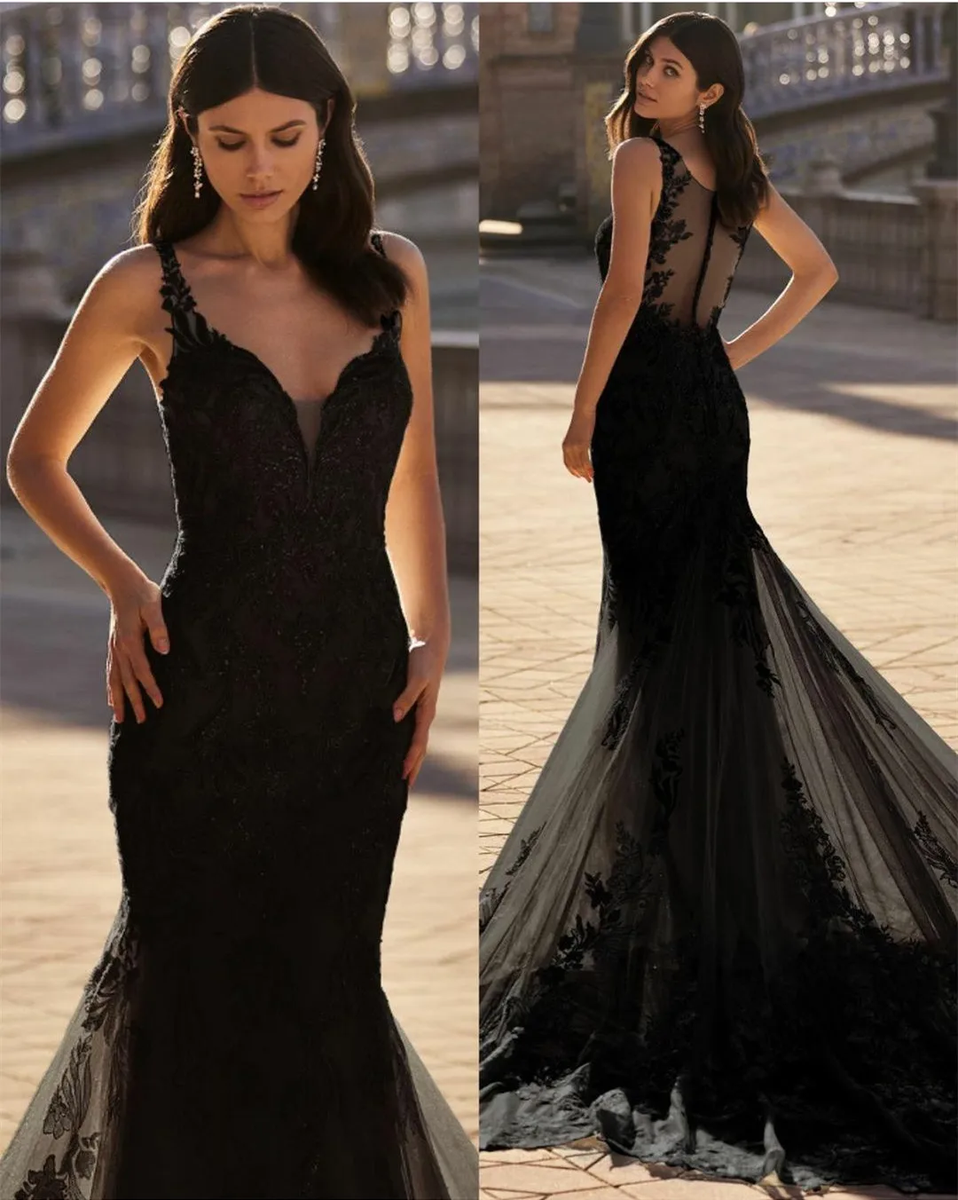 Customized Elegant Long V-Neck Black Tulle Wedding Dresses Mermaid Lace Zipper Back Sweep Train Bridal Gown for Women