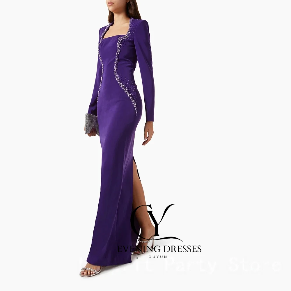 Cuyun luxo roxo vestido de noite para casamento até o chão vestido de baile bainha formal vestido de festa mangas compridas miçangas arábia saudita