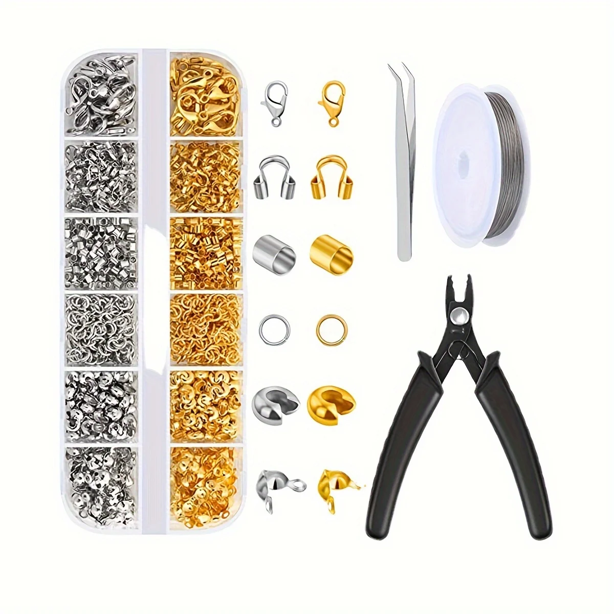 1200pcs Beads Supplies For Making, Including Crimp Covers,  Bracelet Clasps And Closures, CrimpEnds, Jump Rings, Crimping Pliers