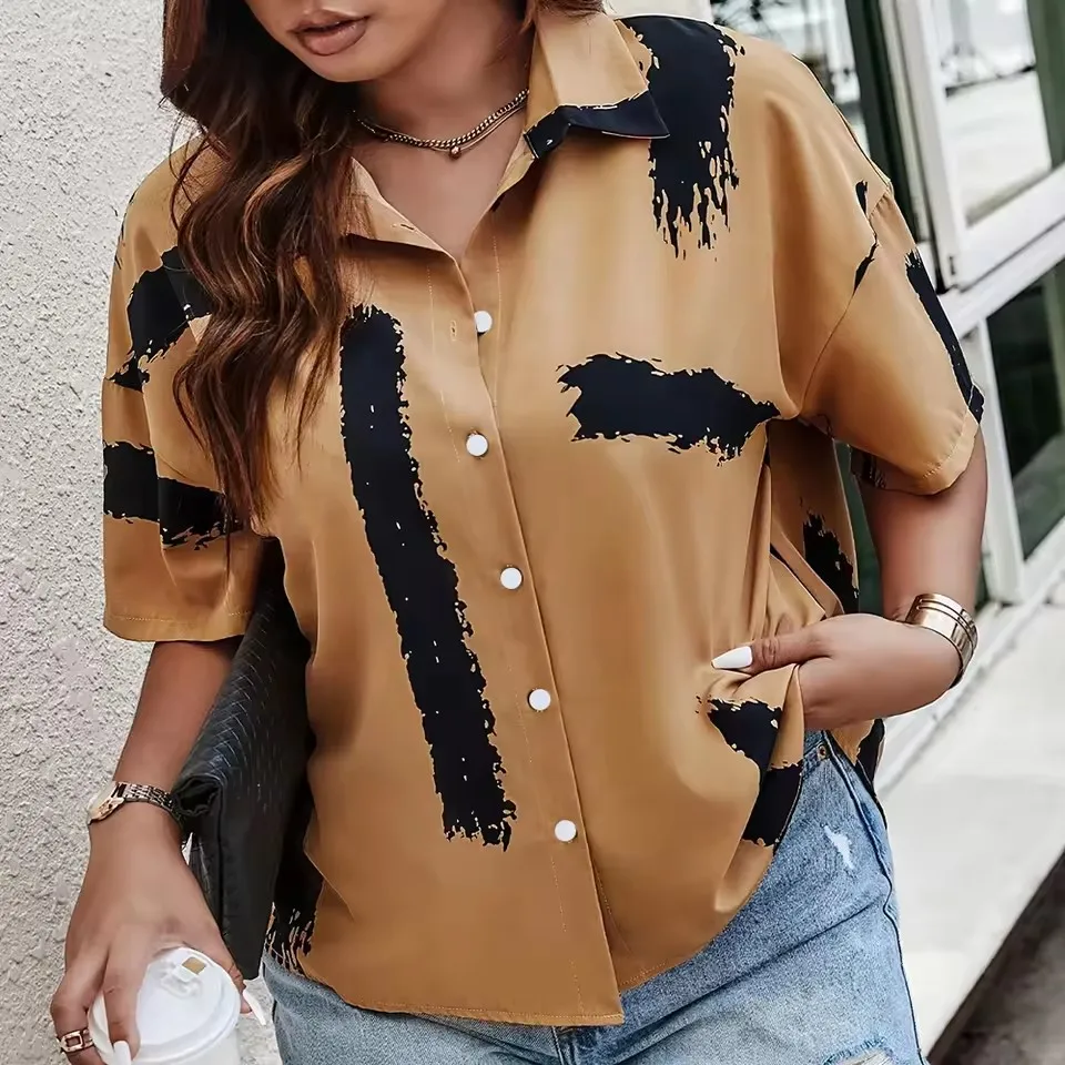 Damen-Sommerhemd, modisches Herz-Print-Hemd, Hawaii, Strandurlaub, lässiges Oberteil, Damen-Revers, Knopfleiste, Damenblusen, Tops