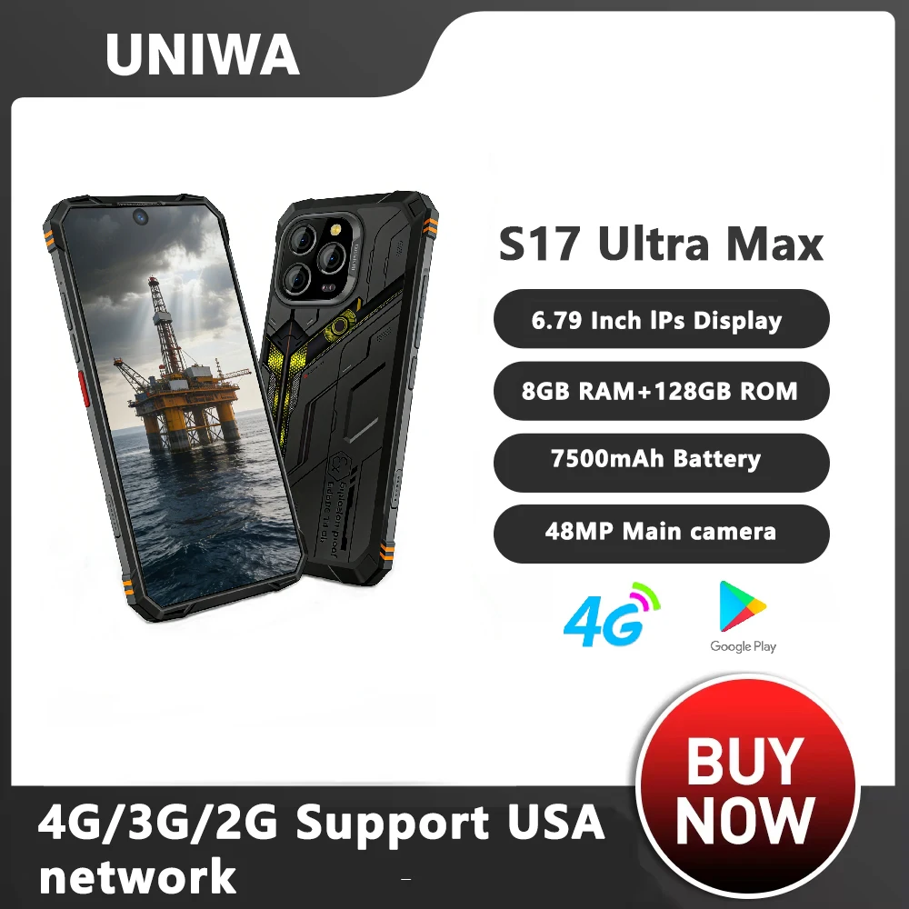 UNIWA S17 Ultra Max 6.7 Inch 4G Rugged Smartphone Android 14 6GB+128GB Mobile Phone 7500mAh 33W Night Vision NFC