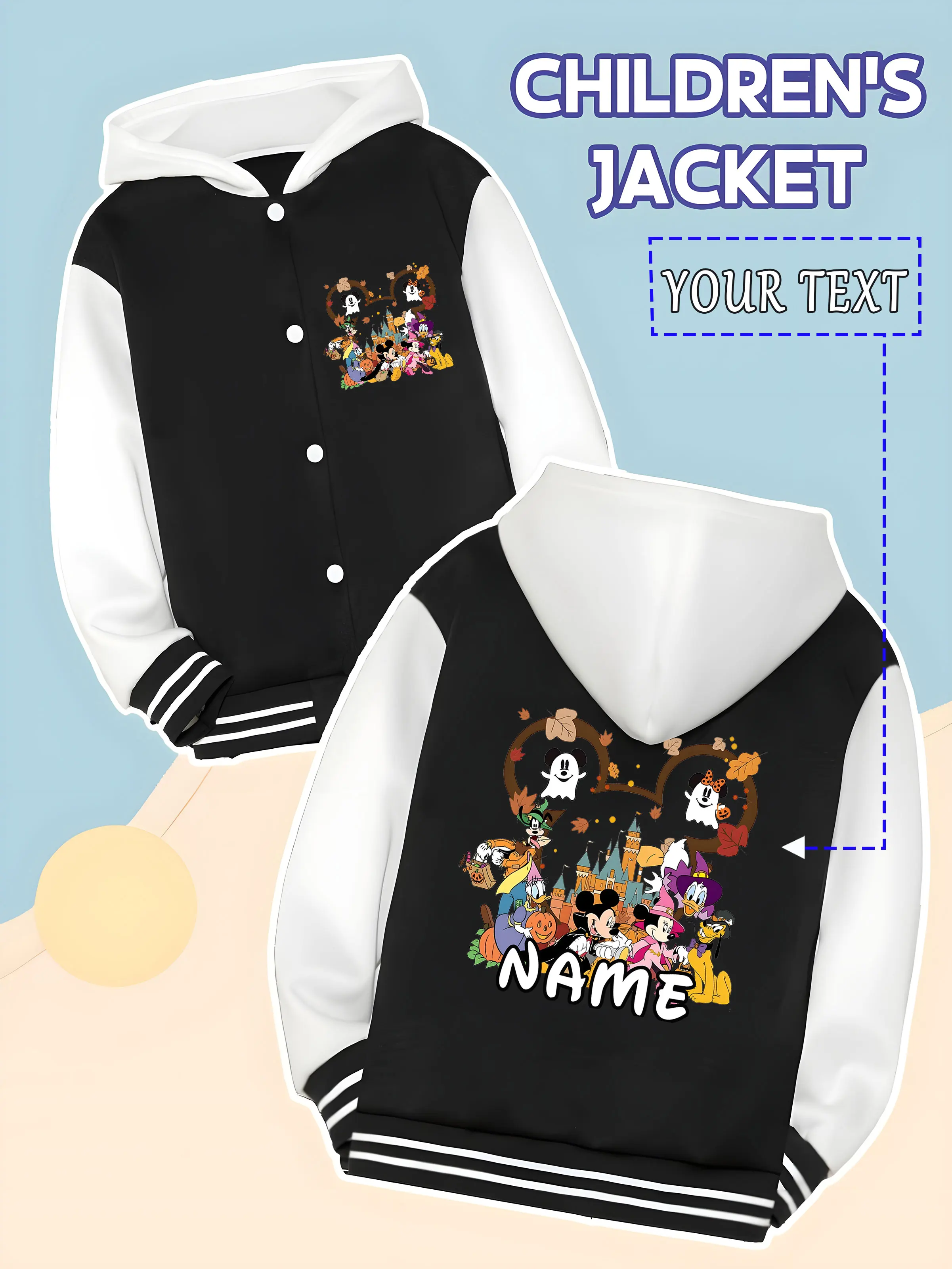 

MINISO Disney Halloween Character Collection Children's Baseball Jacket - Halloween Character Mickey Head Frame, funny and fun,