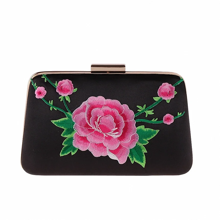 Vintage Embroidery Women Evening Bag Flower Rose Rhinestones Small Purse Party Wedding Ladies Crossbody Shoulder Bags