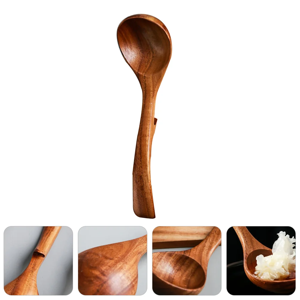 Long Handle Spoon with Hook Cutlery Soup Serving Wooden Cooking Chinese Style Large Acacia Table Utensil Ladle