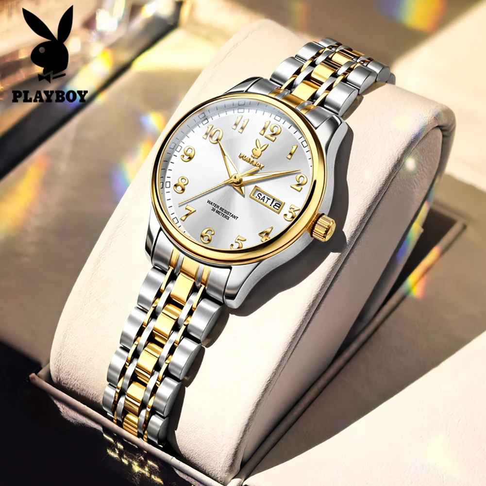 PLAYBOY 3533 Luxury Elegant Original Women's Quartz Watch Stainless Steel Waterproof Casual Wristwatch For Woman Dress Reloj