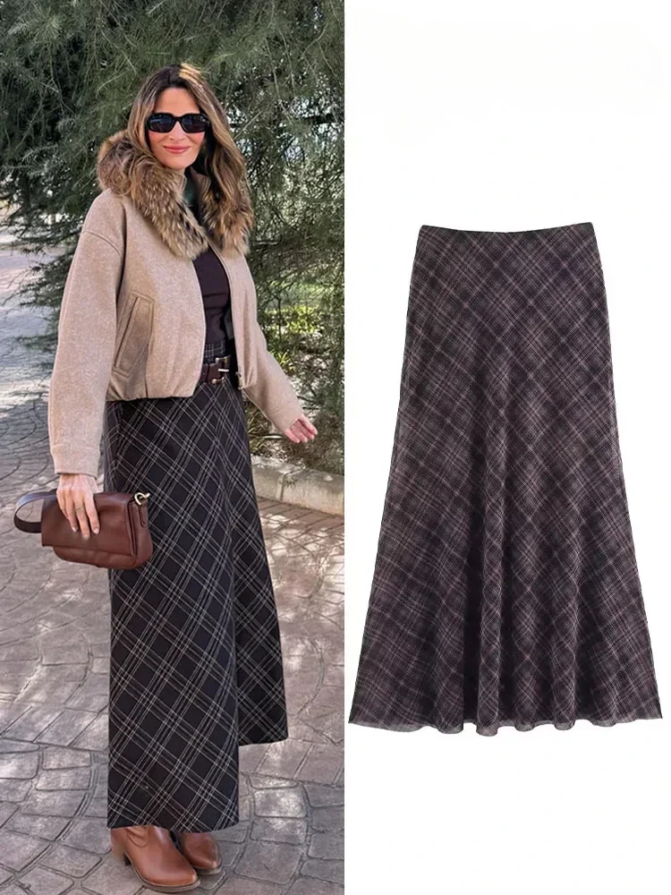 

ZBZA Women Check Tulle Skirt Retro Art Slim High Waist Plaid Print Elastic Waist Elegant Midi Skirt Spring Summer New Chic Skirt