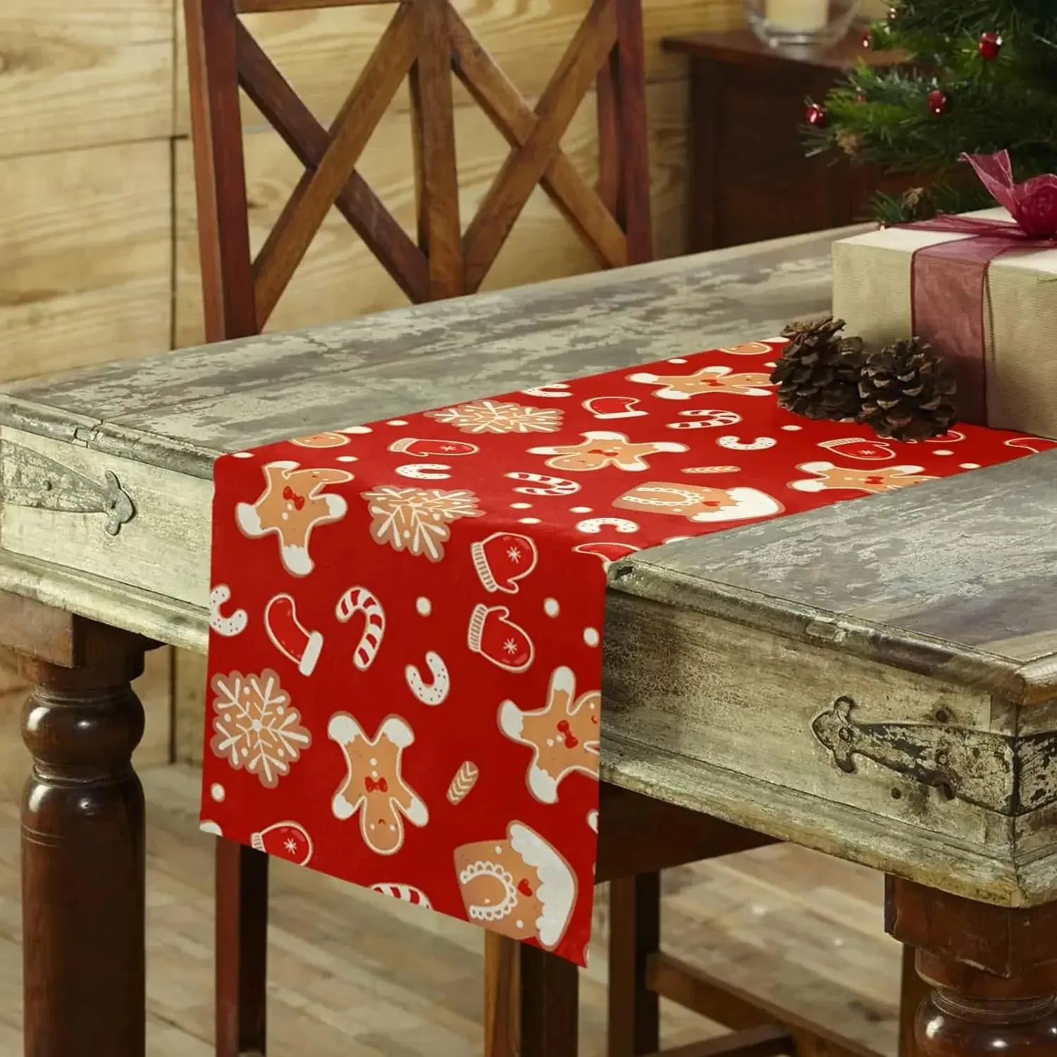 Red Christmas Table Runner Gingerbread Man Snowflake Candy Cane Print Holiday Dining Table Decor For Xmas Party Family Dinner