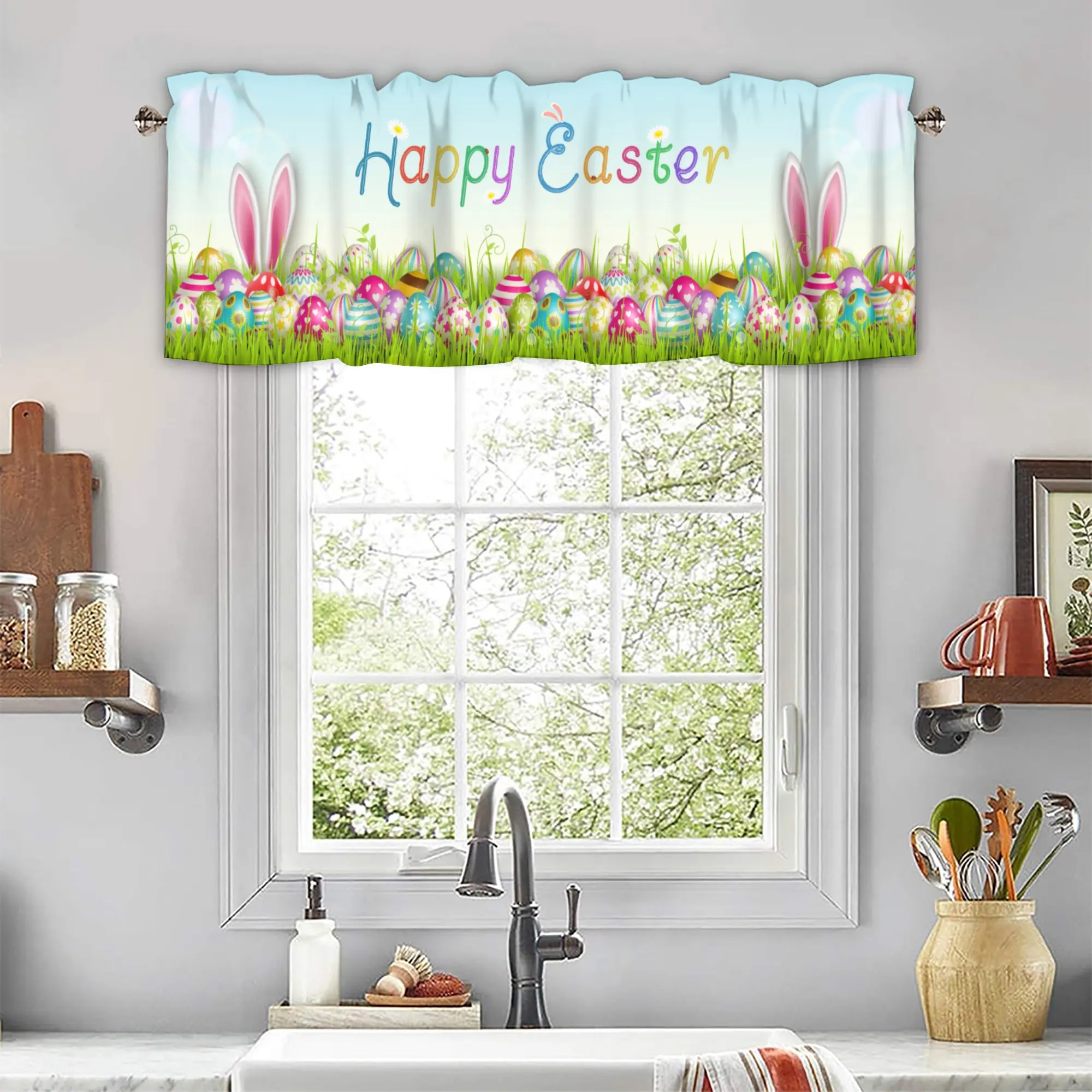 Spring Bunny Ear Valance Curtain for Window,Easter Egg Grassland Kitchen Valances Short Curtain Window Treatment Drape