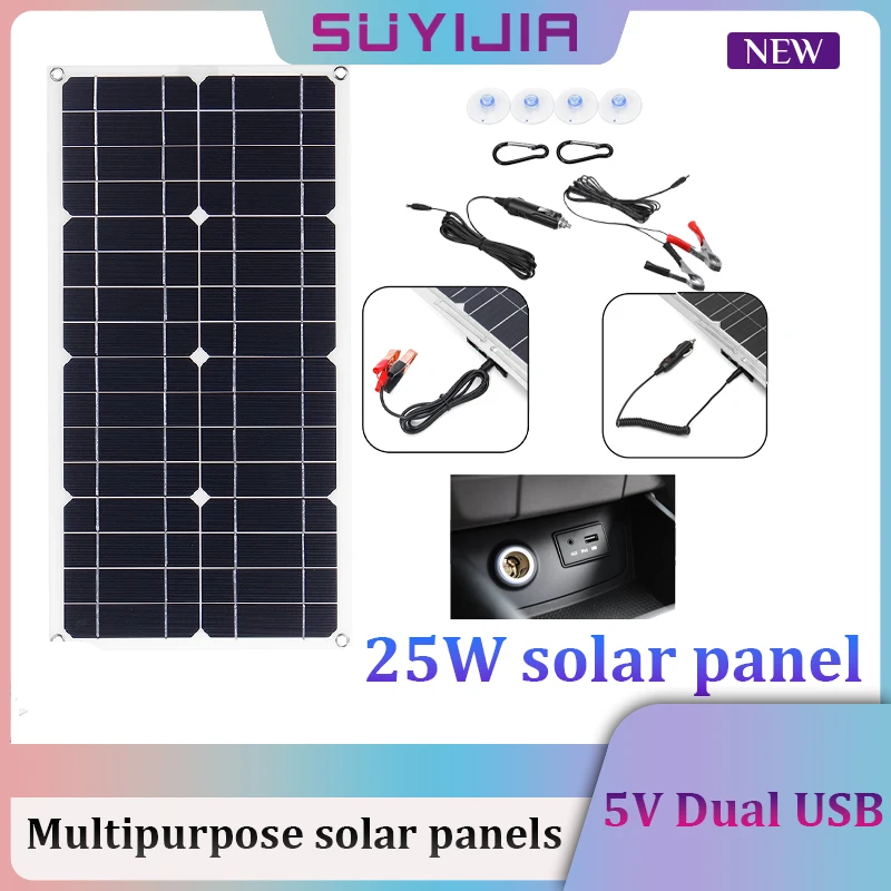 

25W Solar Panel Single Crystal Flexible Portable Emergency 5V Dual USB Multi-purpose Mobile Phone Charging Solar Power Panel