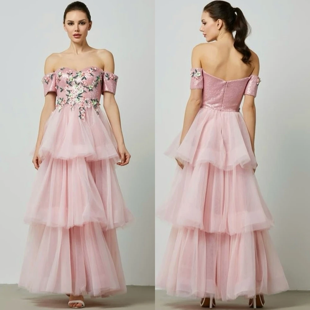 

Customized Formal Tulle Evening Dress Exquisite Boat Neck Prom Dresses High Quality Flowers Tiered Special Occasion Gowns