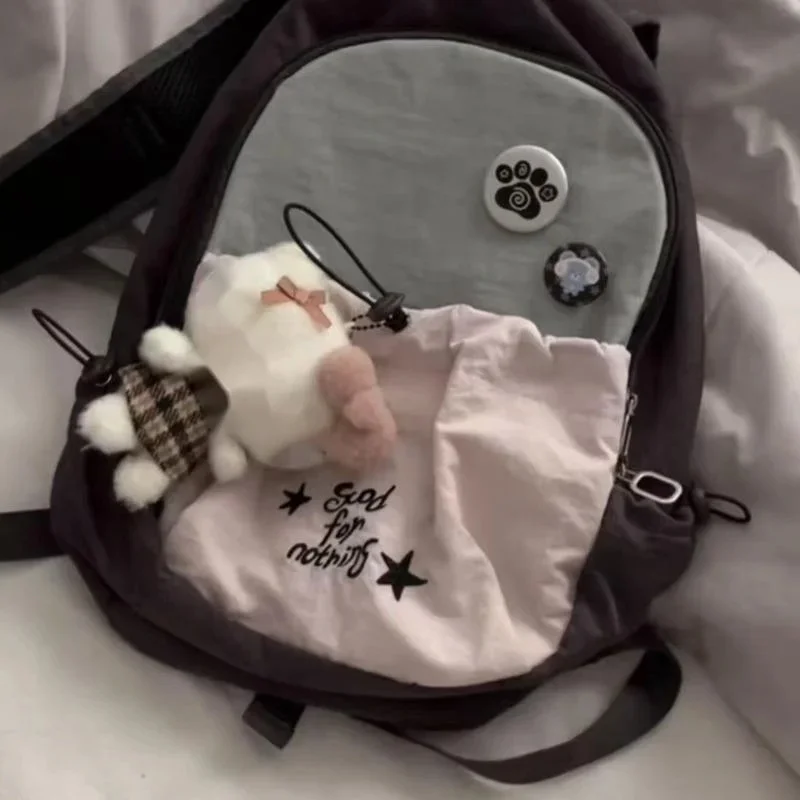 

Y2K Star Grey Pink Backpacks Embroidery Korean English Print Back To School Sweet Commuter Zipper High Capacity Bag Backpack New