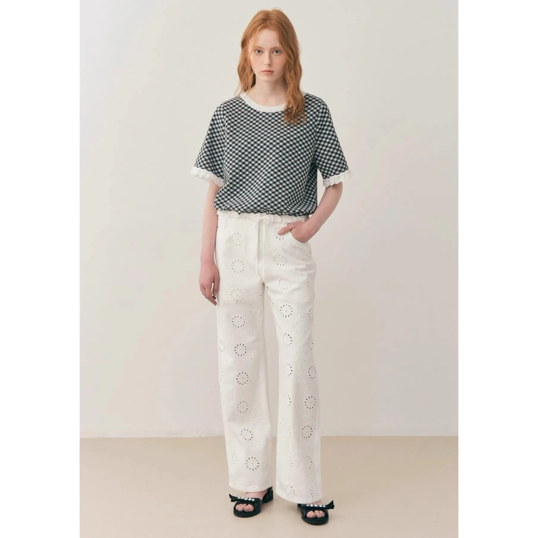NingYao Austen 2026 Summer Anti-Aging round Neck Plaid Splicing Lace Short Sleeve Knitted Small Shirt Women's Commute Style L...