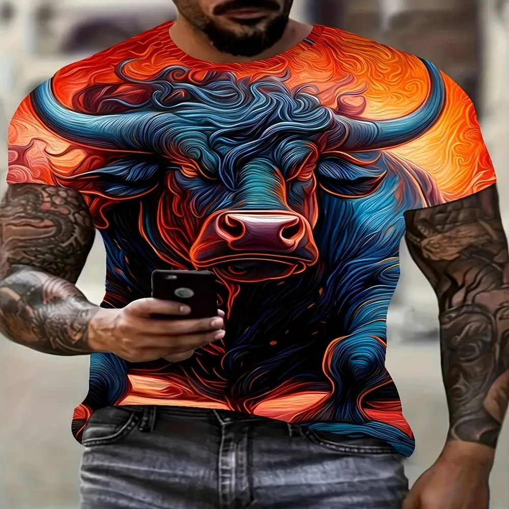 2024 Novel and Fashionable Men\'s New 3D Bull Demon Pattern Printed T-shirt Round Neck Short Sleeve Tops Outdoor Casual Pullover