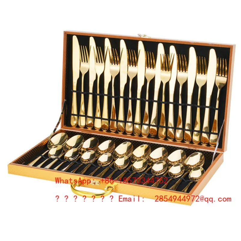 Stainless Steel Tableware 1010 Gold Wooden Box 36-piece Set Knife, Fork and Spoon Set
