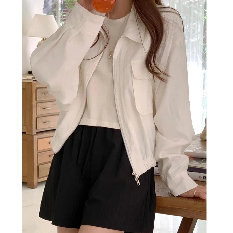 

Chic Autumnal ort Zipper Jaet Women's Design Casual Loose Top Pure Color Collar Long Sve Commute Sle