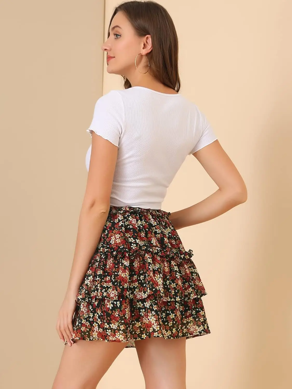 Женская многослойная мини-юбка трапециевидной формы с эластичной резинкой на талии и рюшами Luxy Trio с цветочным принтом