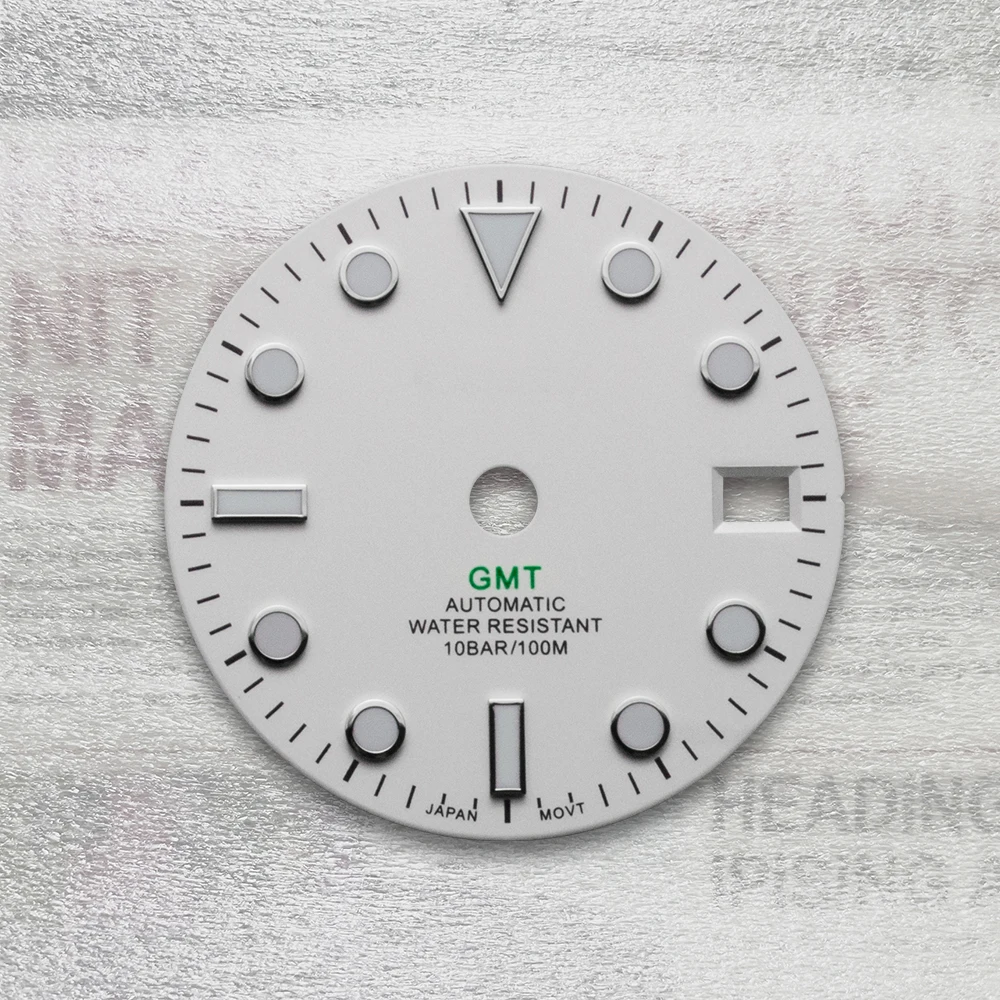 28.5mm S Logo GMT Dial Fit NH34 Movement Green Luminous White Matte Dial Watch Modification Accessories
