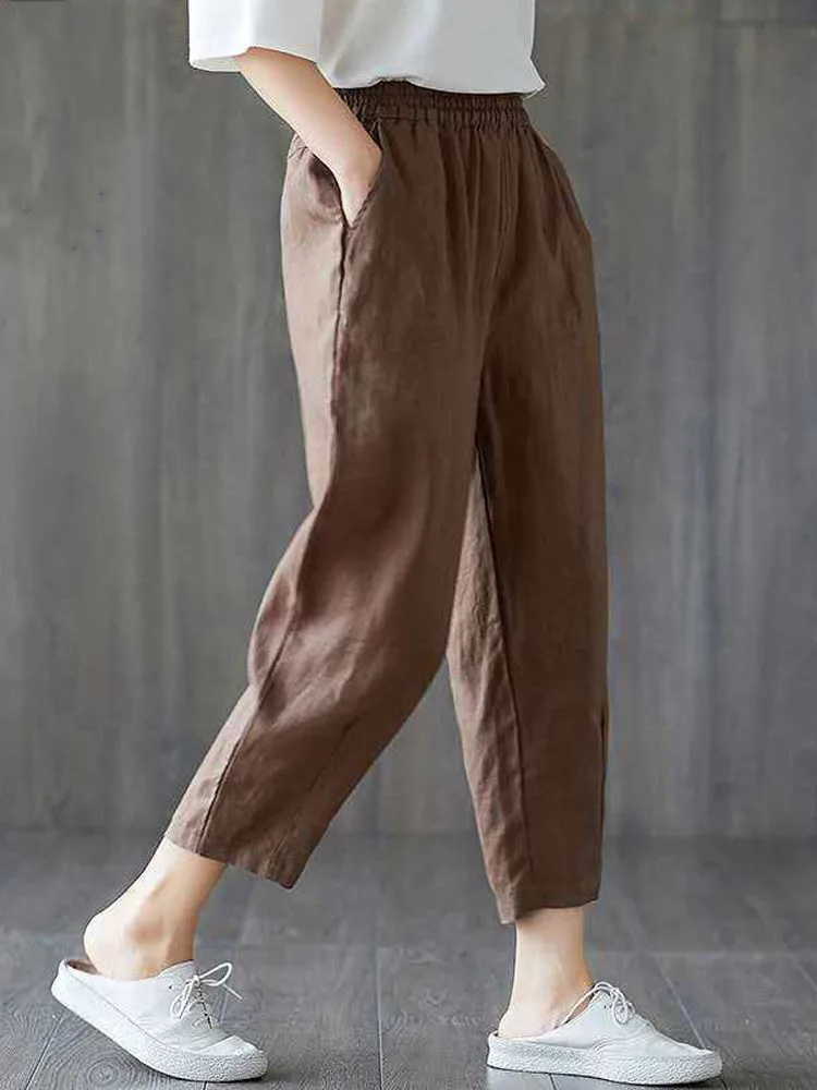 Women Summer Casual Loose Harem Elastic Waist Cotton Linen Pants Ninth Trousers