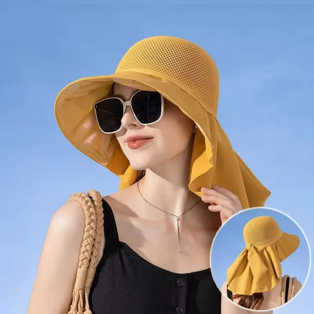 

New Summer Women Bucket Hat Breathable Mesh Face Sun Hat Bow Pleat Design Lightweight Travel Beach Cap Neck Protection