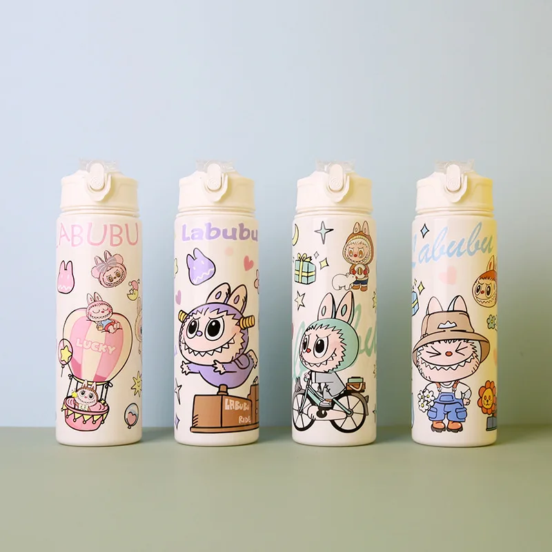 Kawaii Labubu White Solid Color Pop Lid Sipper Mug Handy Drop-proof Water Bottle Space Mug Cartoon Labubu Kids Mugs