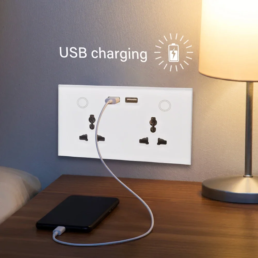 Customized WiFi Smart Wall Socket USB Charger Outlet EU UK 1/2 Gang Wireless Remote Control Touch Switch Tuya APP Alexa Google