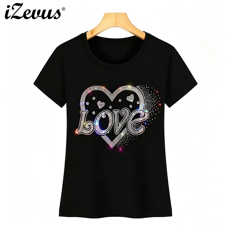 Hot Selling High-Quality Shiny Crystal Diamond Women's Leisure Short-Sleeved T-Shirts Hot Diamond Love Letter T-Shirts