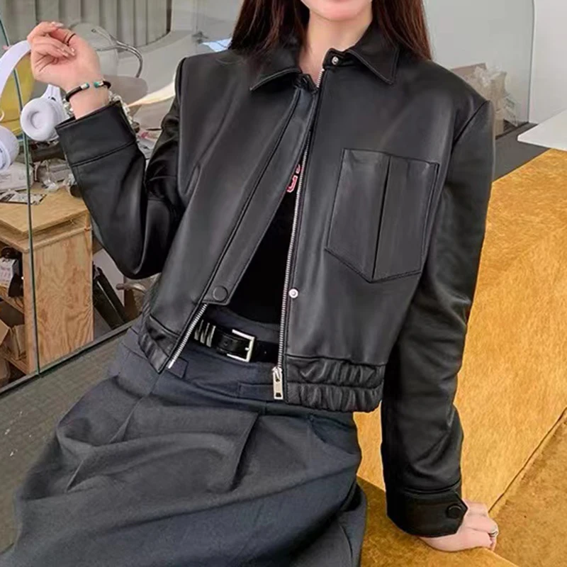 Women\'s Spring Jacket Real Sheepskin Street Style Length 48cm Lapel Zipper Elastic Hem Burgundy Short Jaqueta De Couro Legítimo