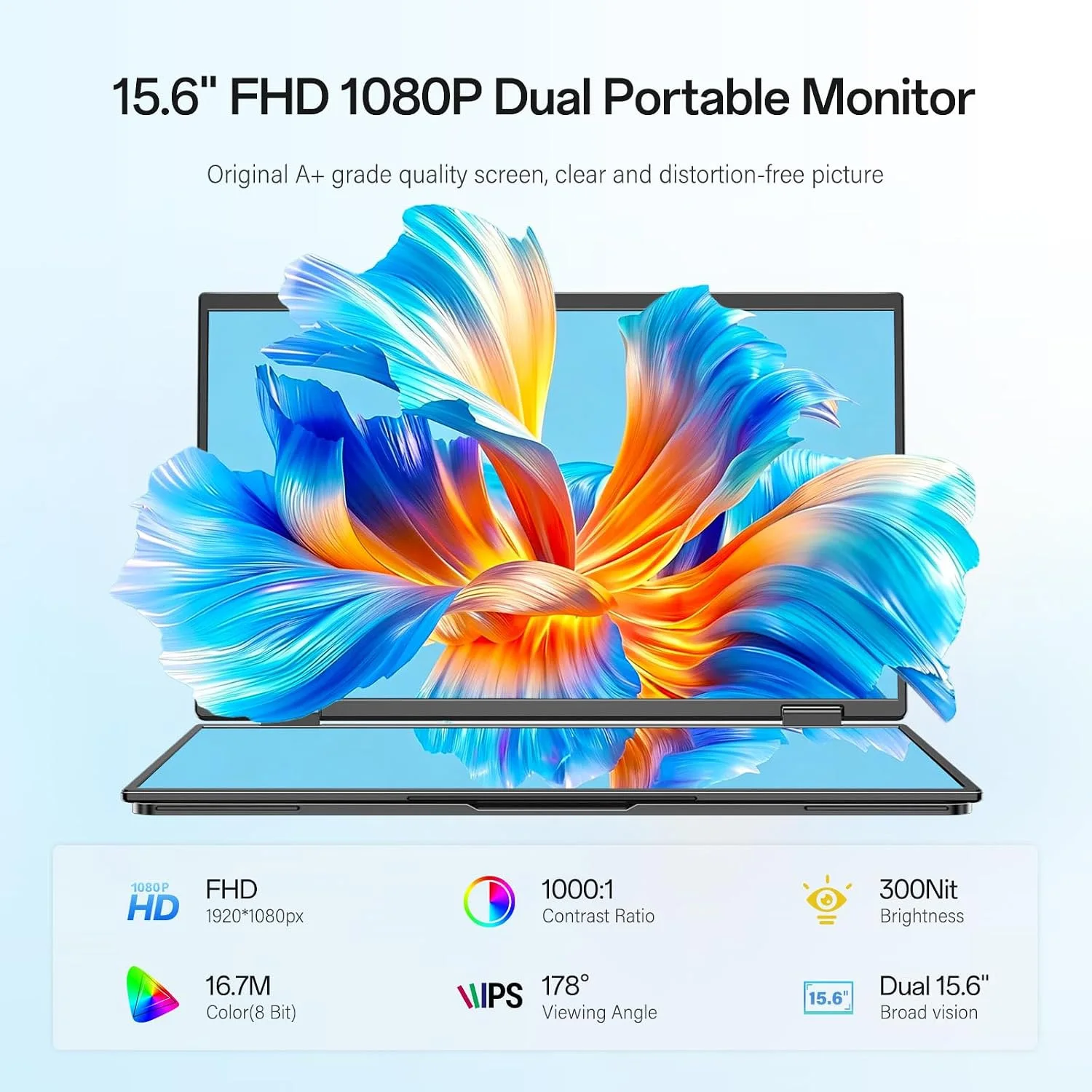 15.6 Inch Dual Portable Monitor FHD 1920*1080P IPS 72% sRGB VESA With Type-C Mini HDMI For Laptop Phone TV Mac Dack PS4/5 Switch