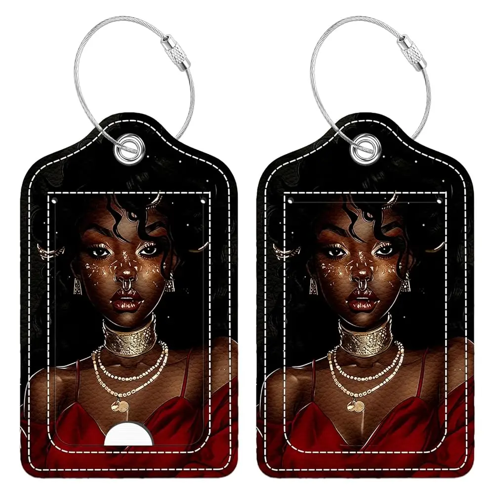 

2 Pcs Luggage Tag for Suitcase, Black Girl Red Unique Leather Suitcase Tags with Full Privacy Cover Stainless Steel Loop for