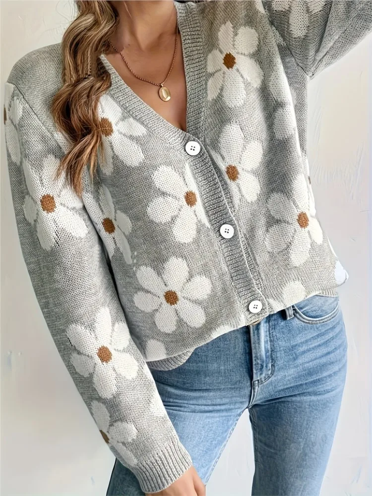 MsChuh Autumn Women's Clothing Contrast Flower Sweater Cardigan Pulls Femmes All-match Outerwears Loose Simple Style Comfortable