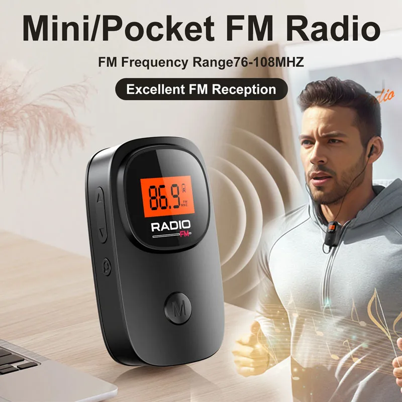 Mini rádio fm de bolso portátil com tela de luz de fundo dsp rádios receptor rádio alimentado por bateria com fones de ouvido estéreo de 3.5mm para esporte
