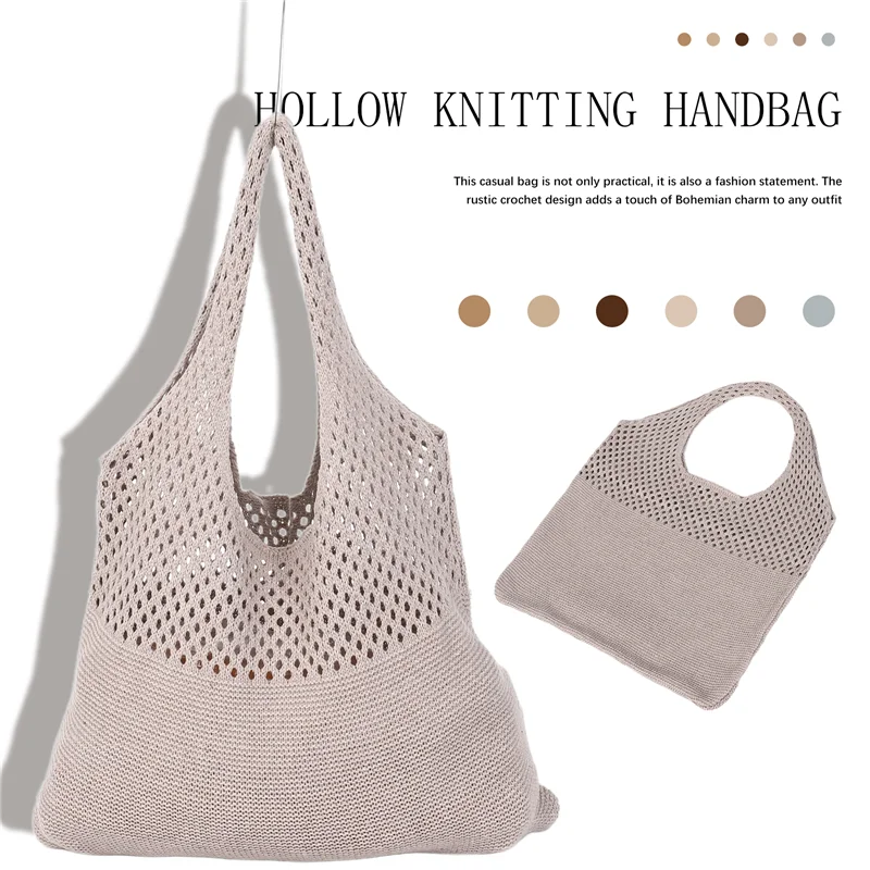 

FX-ретро вязаная крючком пляжная сумка для девочек, летняя полая сумка-тоут ручной работы, женская полая вязаная сумка