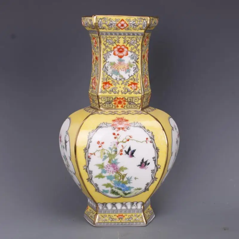 Chinese Yellow Enamel Porcelain Qing Qianlong Flower Bird Design Vase 10.39 inch