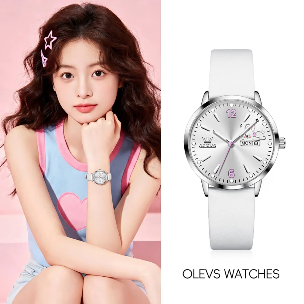 OLEVS 5700 Fashion Sport Student Watches Luminous Waterproof Dual Calendar Leather Strap Women's Quartz Wristwatch Original