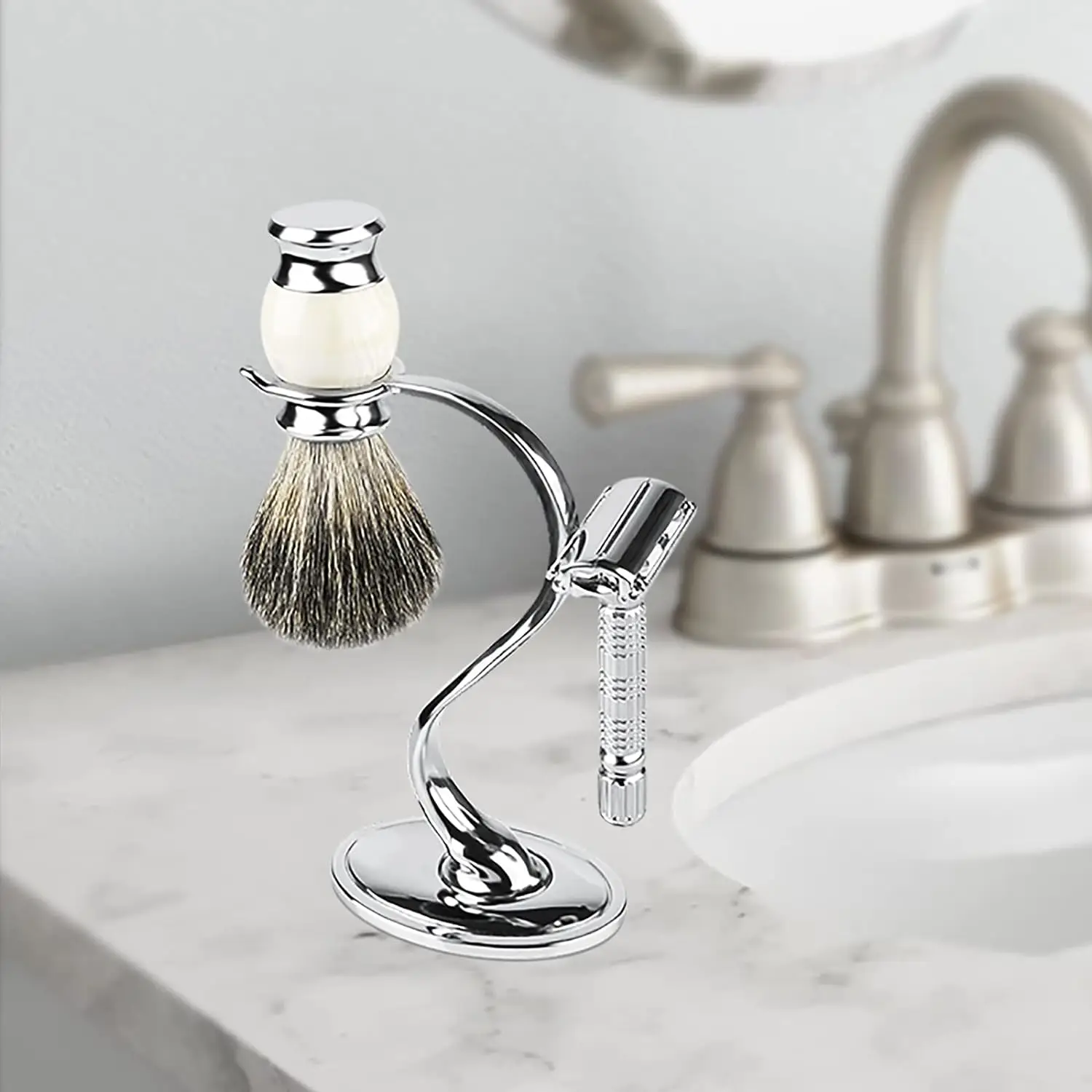 Razor Holder Stand Stainless Steel Shaving Brush Holder with Non-Slip Base, Safety Shaver Kit Organizer for Shower Room Bathroom