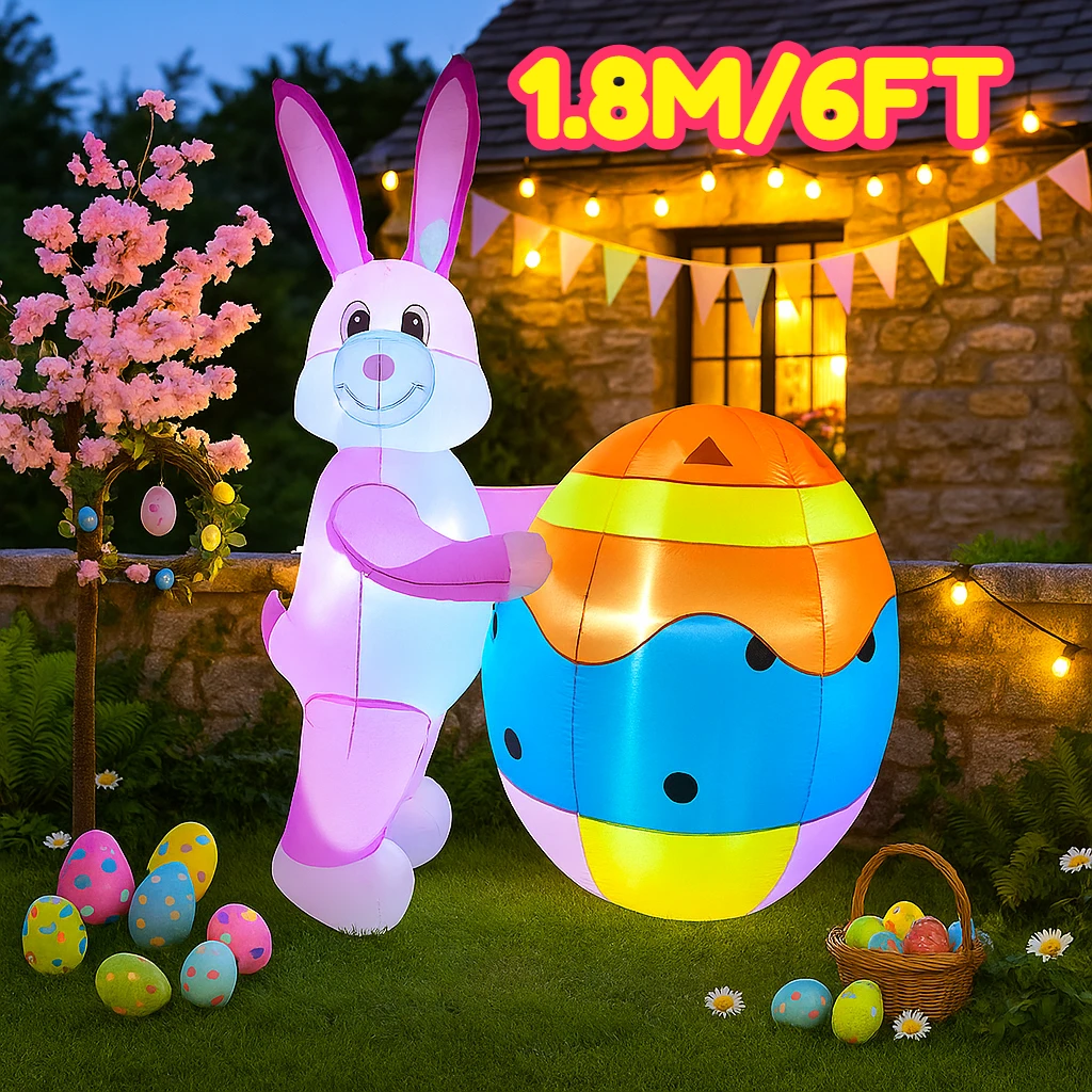 1.8メートル/6フィートのハッピーイースターインフレータブルおもちゃ、ピンクのウサギと大きな卵の装飾、LEDライト付きオーナメント、インフレータブルイースターデコレーション