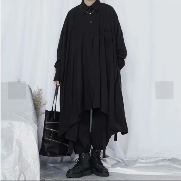 Unisex Japanese Avant Garde Oversized Shirt Asymmetric Design Long Sleeve Irregular Cut Dark Gothic Minimalist Streetwear Blouse