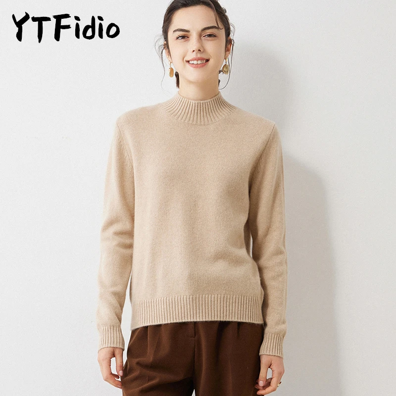 

YTFidio 100% Cashmere Women Half high collar Turtleneck Slim Sweaters Office Lady Solid Elastic Pullover Female Tops 15