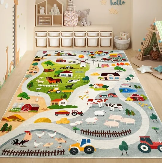 Kids Rug Farm and Forest Animal Carpet for Boys Girls Room Car Road Mat for Bedroom Living Room Soft Farm Children’s Area Rug