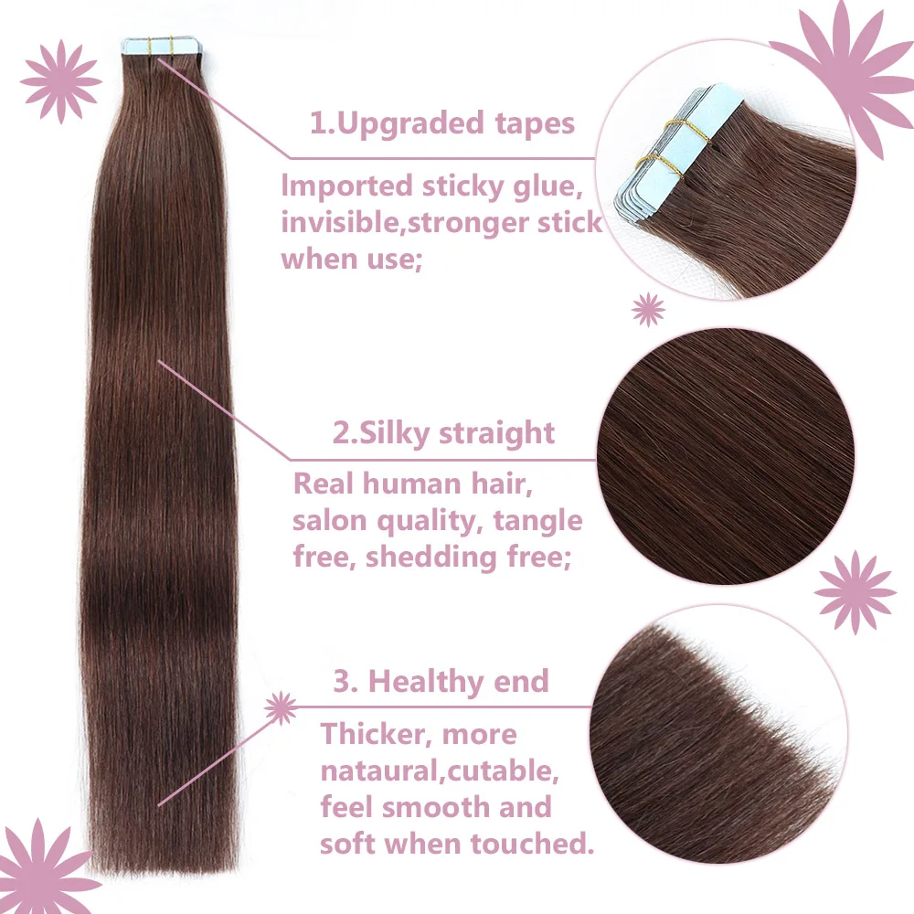 Tape In Hair Extensions Human Hair Straight Dark Brown Brazilian Human Hair Seamless Skin Weft Tape In Extension For White Women