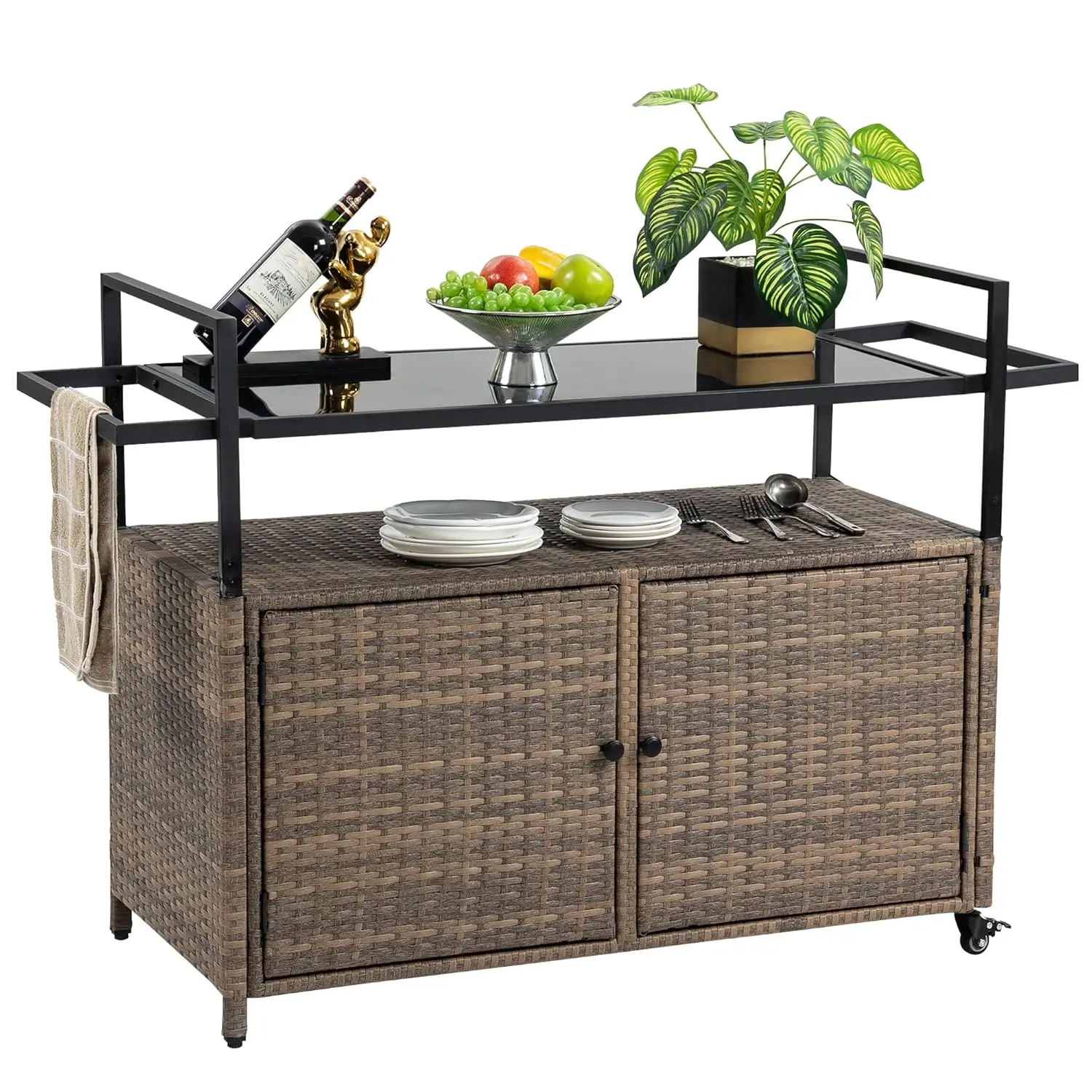 Outdoor Bar Cart Table, Brown | Patio Console Storage Cabinet BBQ Grill Carts Buffet with Wheels Waterproof Wicker, Customized