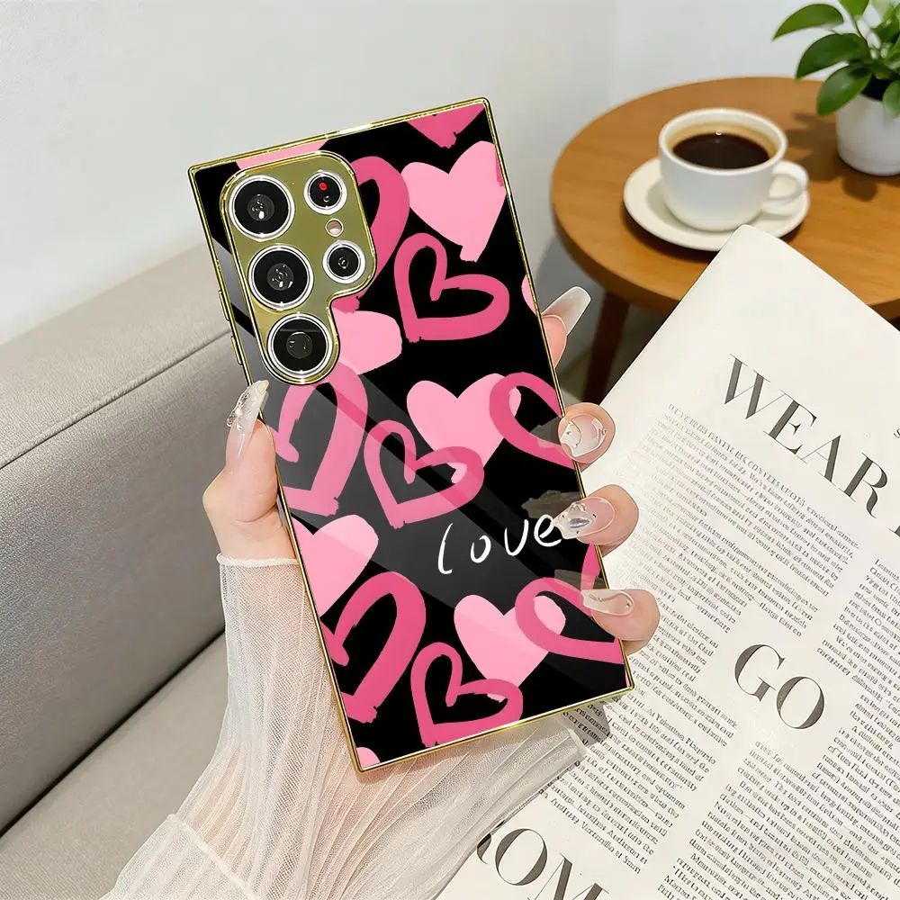 Fashion Love Heart Phone Case for Samsung Galaxy S25 S24 S23 Ultra Phone Cover Electroplated Metal Frame Glass Back