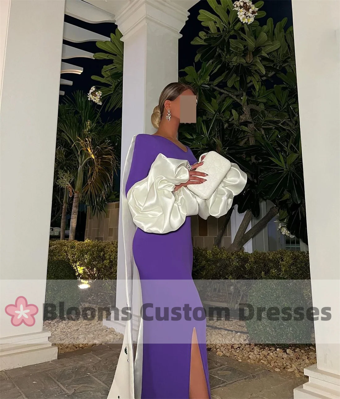 Customized Purple Mermaid Puff Long Sleeves Crystal Cape Prom Dress Elegant Women\'s Evening Gown Saudi Formal Occasion Dress