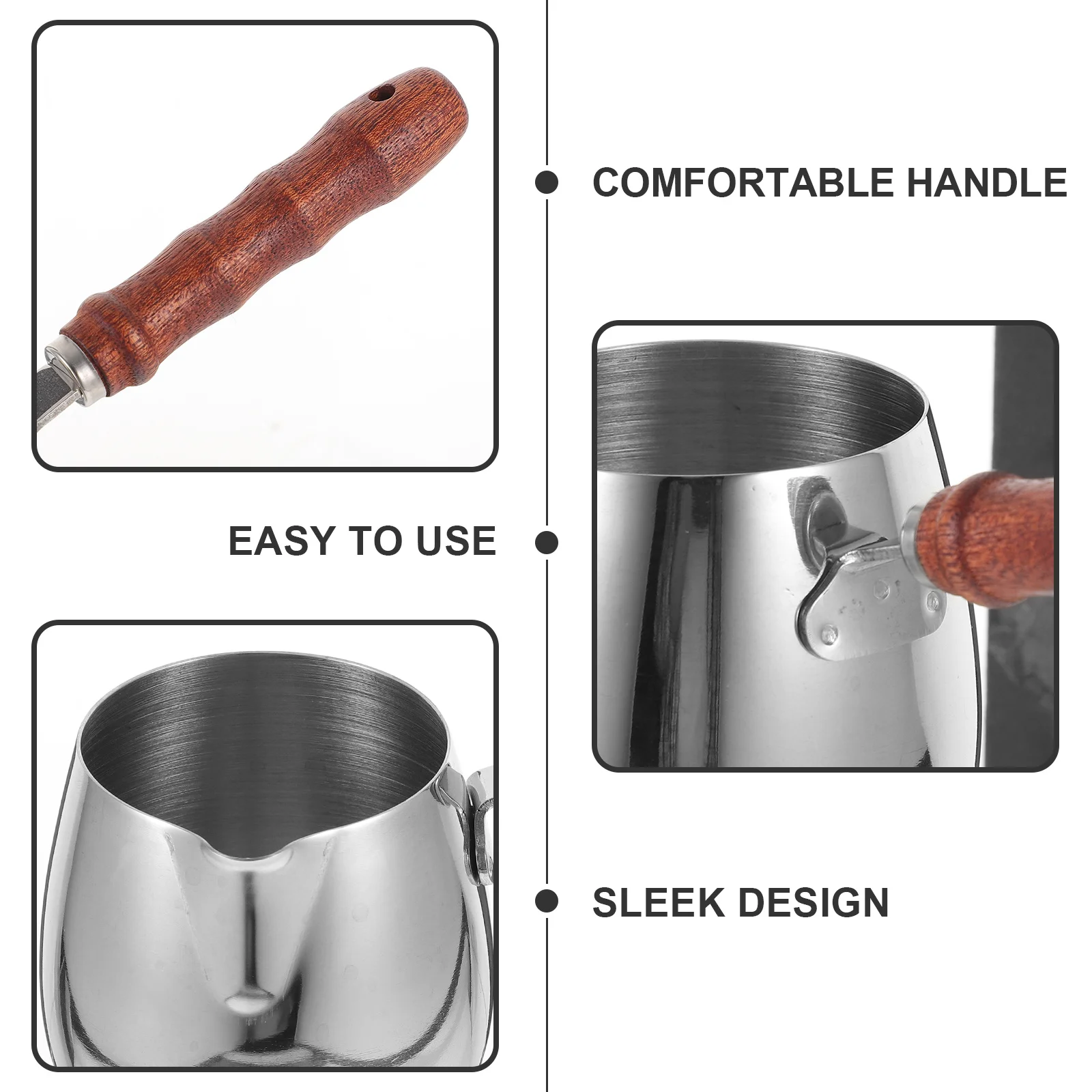 

Stainless Steel Milk Frothing Pitcher Wooden Handle Latte Art Cup Precise Measurement Markings for Espresso Cappuccino Coffee