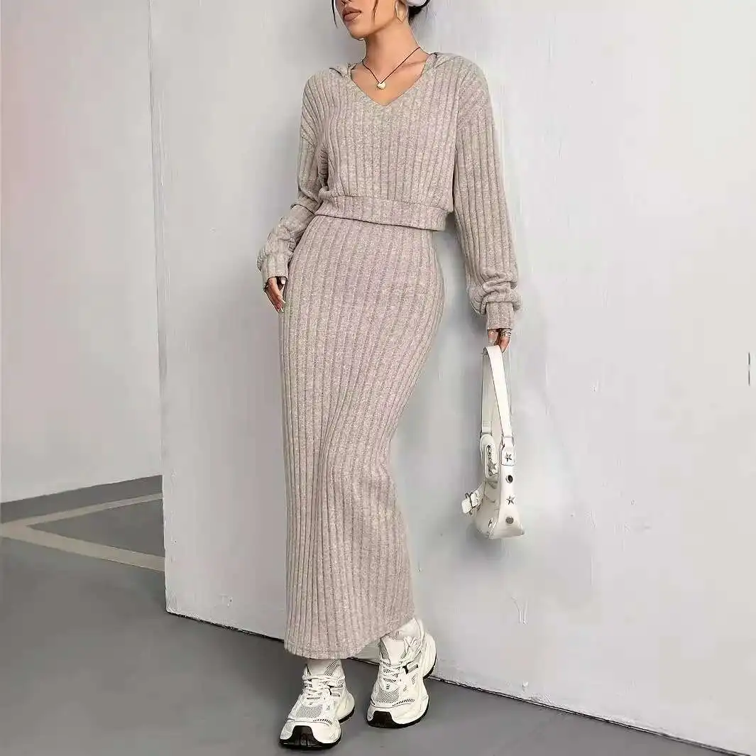 2024 Autumn/Winter New Style Casual Commuting Knitted Long Sleeve Hoodie Loose Dress Two Piece Set